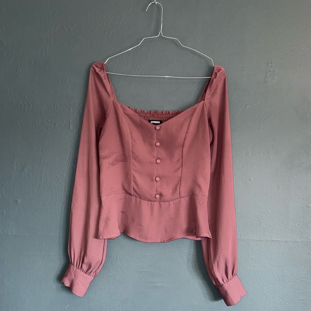 SMALL EXPRESS PEPLUM TOP SMOCKED BACK MAUVE/PLUM 100% POLYESTER